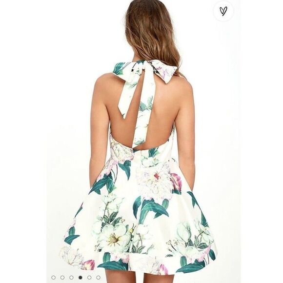 Lulus Hydrangea Haven Cream Floral Halter Tie Neck Skater Dress Mini Size XS - Picture 6 of 14